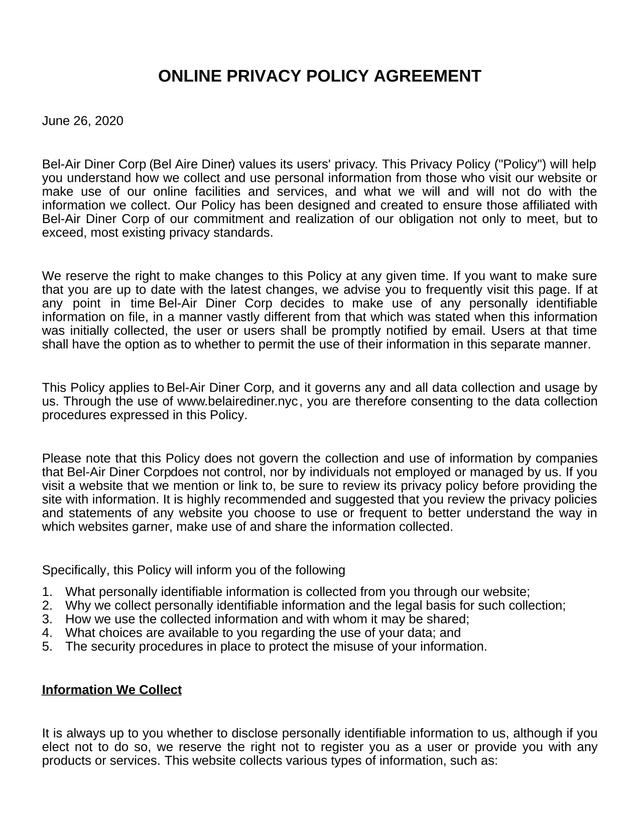 Online Privacy Policy Agreement screenshot