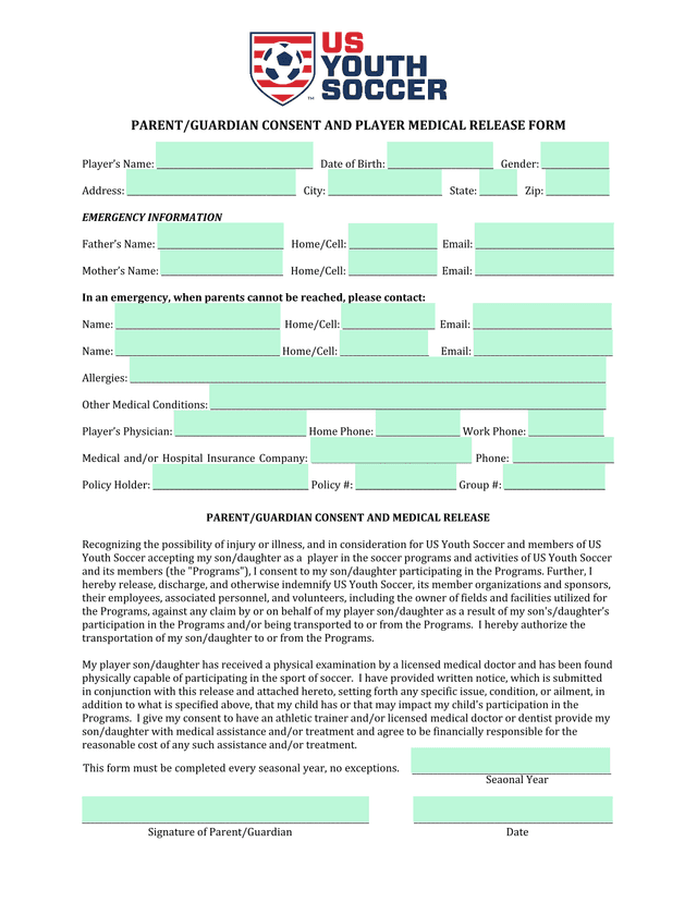 PARENTGUARDIAN CONSENT AND PLAYER MEDICAL RELEASE FORM screenshot