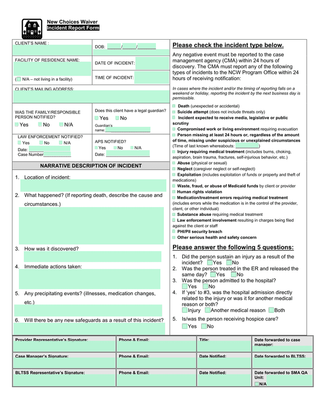 New Choices Waiver Incident Report Form screenshot