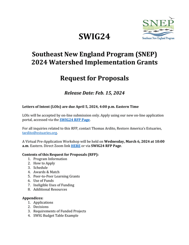 2024 Southeast New England Program (SNEP) Watershed Implementation Grants Request For Proposals screenshot
