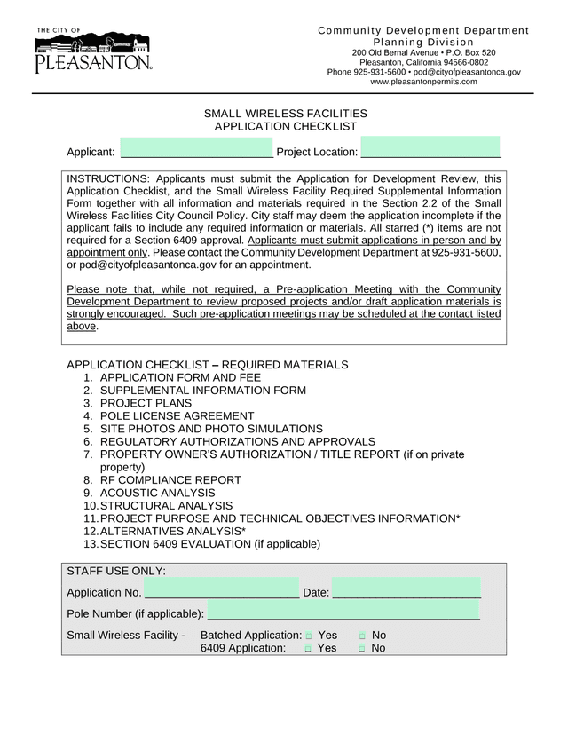 Small Wireless Facilities Application Checklist screenshot