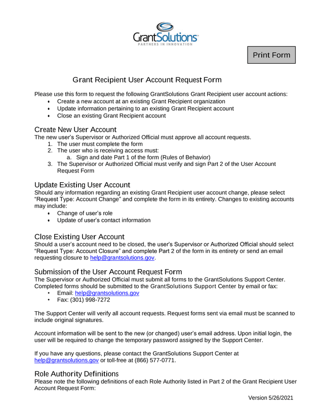 Grant Recipient User Account Request Form screenshot