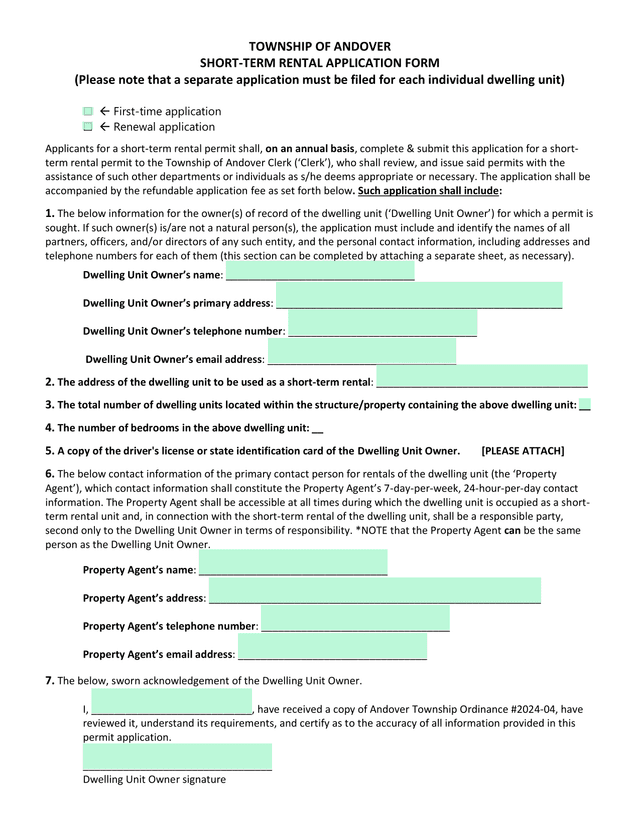 Township Of Andover Short Term Rental Application Form screenshot