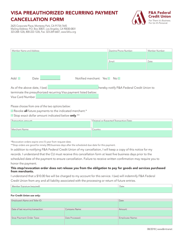 VISA PREAUTHORIZED RECURRING PAYMENT CANCELLATION FORM screenshot