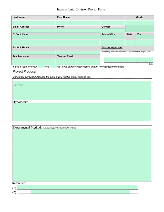 Indiana Junior Division Project Form screenshot