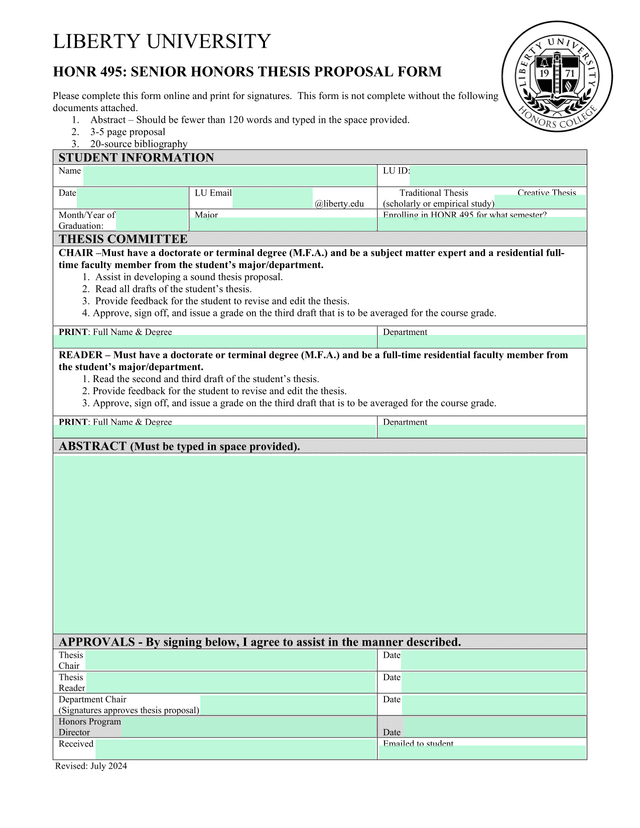 HONR 495 SENIOR HONORS THESIS PROPOSAL FORM screenshot