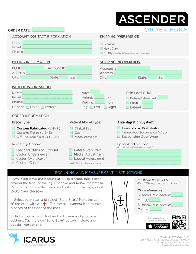 ICARUS MEDICAL, LLC ORDER FORM screenshot