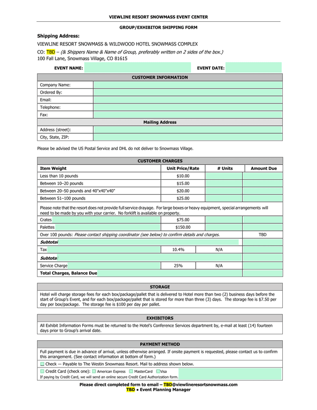 VIEWLINE RESORT SNOWMASS EVENT CENTER GROUPEXHIBITOR SHIPPING FORM screenshot