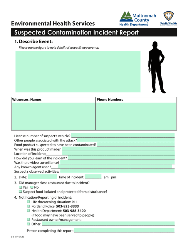 Suspected Contamination Incident Report screenshot