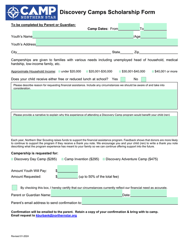 Discovery Camps Scholarship Form screenshot