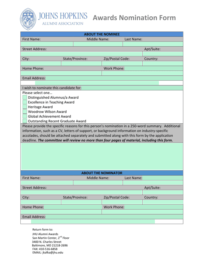 Awards Nomination Form screenshot