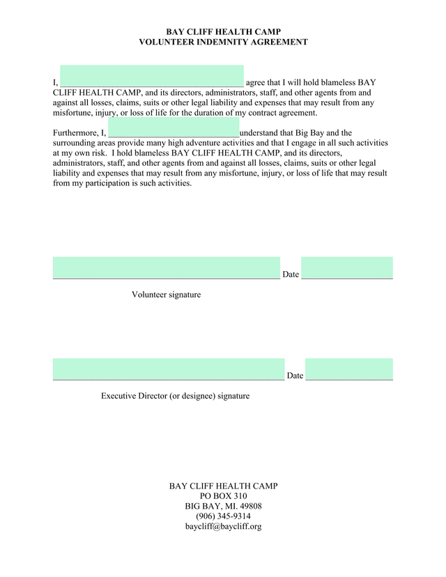 Volunteer Indemnity Agreement screenshot