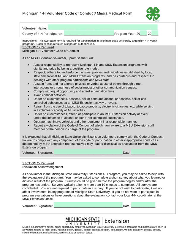 Michigan 4 H Volunteer Code Of Conduct Media Medical Form screenshot