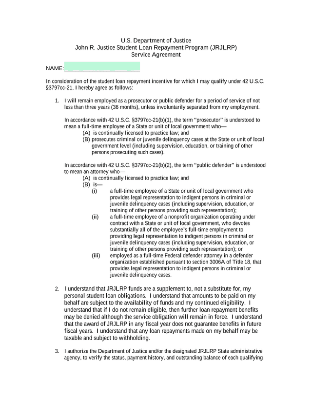 John R. Justice Student Loan Repayment Program (JRJLRP) Service Agreement screenshot