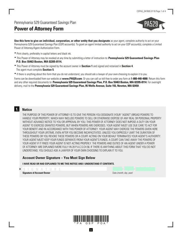Power Of Attorney Form For Pennsylvania 529 Guaranteed Savings Plan screenshot