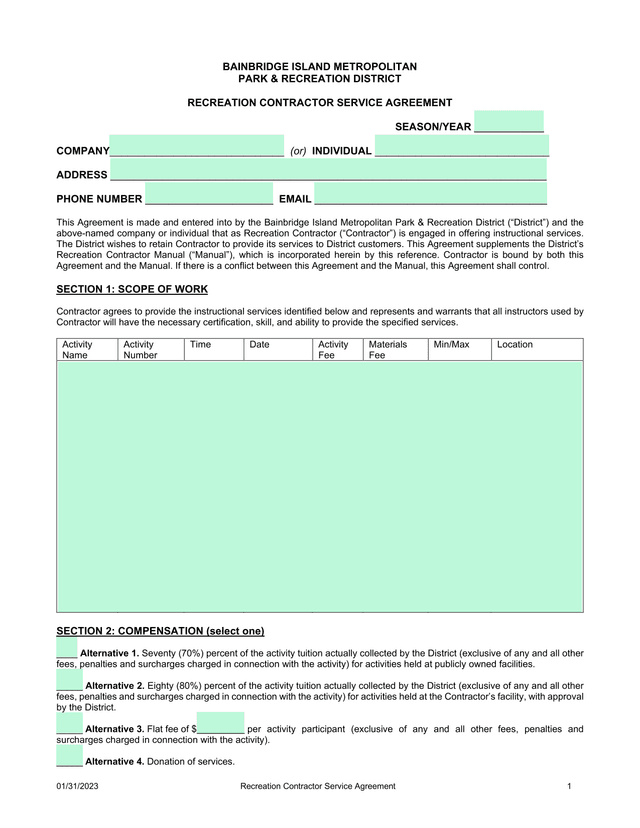Recreation Contractor Service Agreement screenshot