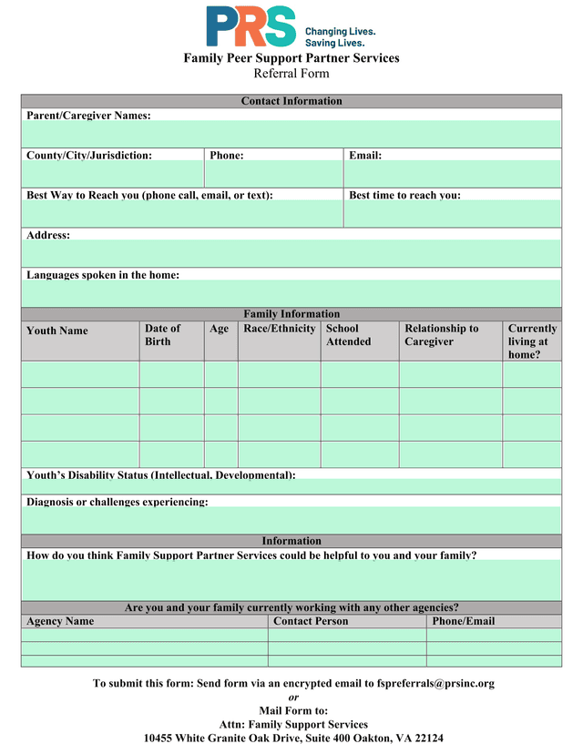 Family Peer Support Partner Services Referral Form screenshot