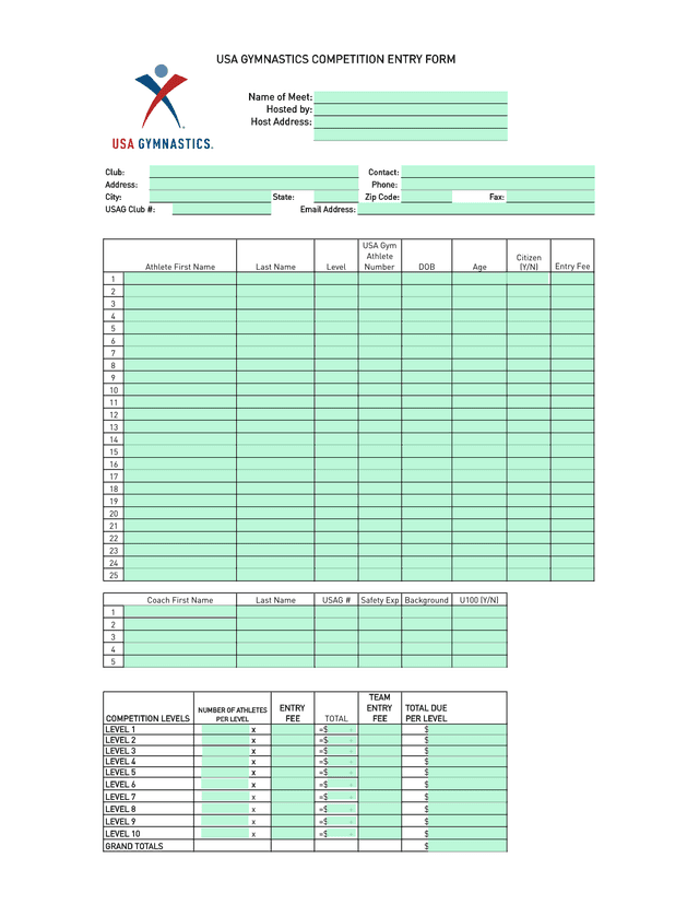 USA Gymnastics Competition Entry Form screenshot