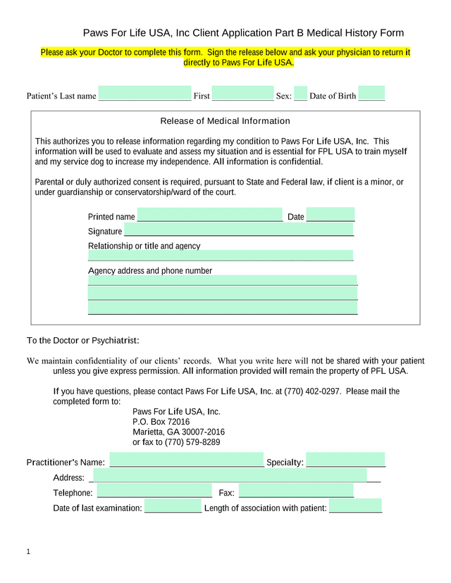 Paws For Life USA, Inc Client Application Part B Medical History Form screenshot
