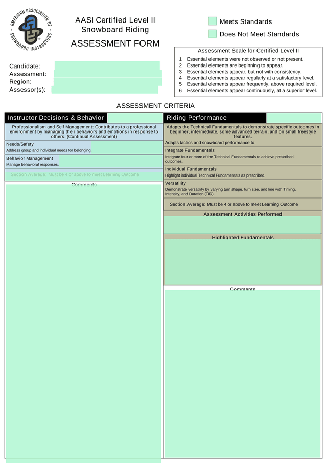 AASI Certified Level II Snowboard Riding Assessment Form screenshot