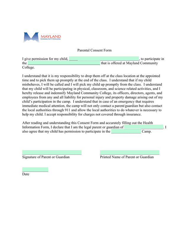 Parental Consent Form screenshot
