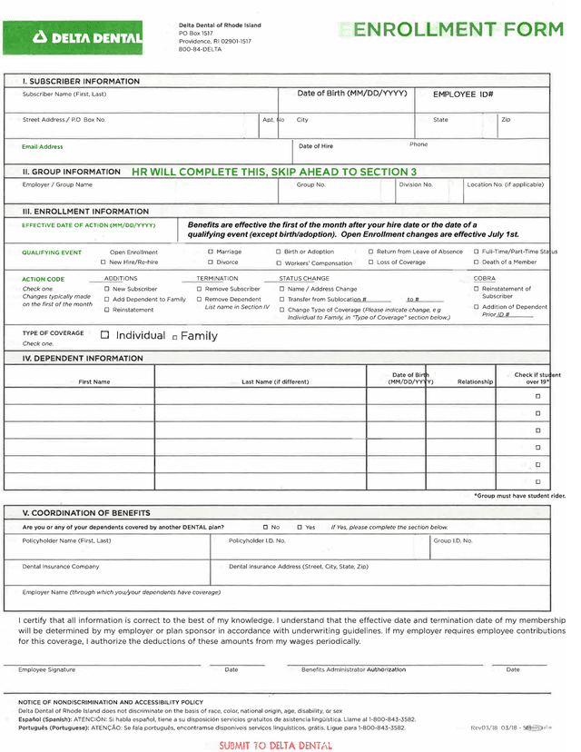 Delta Dental Of Rhode Island Enrollment Form screenshot