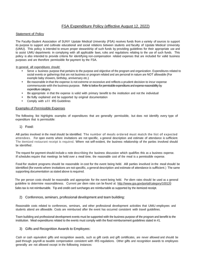 FSA Expenditure Policy screenshot