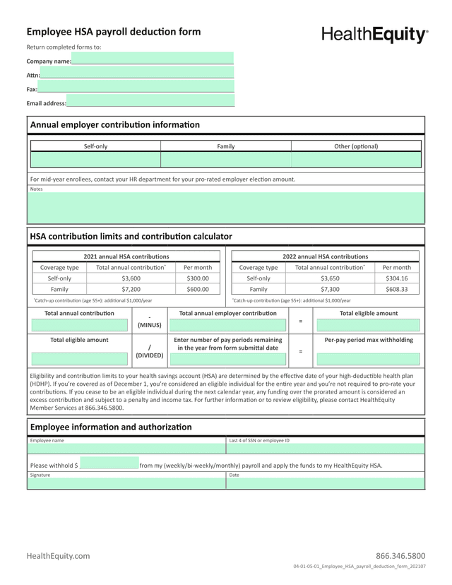 Employee HSA Payroll Deduction Form screenshot