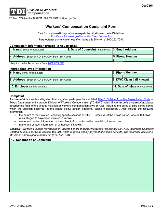 Workers Compensation Complaint Form screenshot