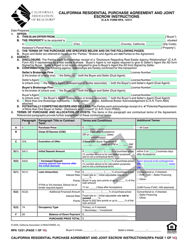 California Residential Purchase Agreement And Joint Escrow Instructions screenshot