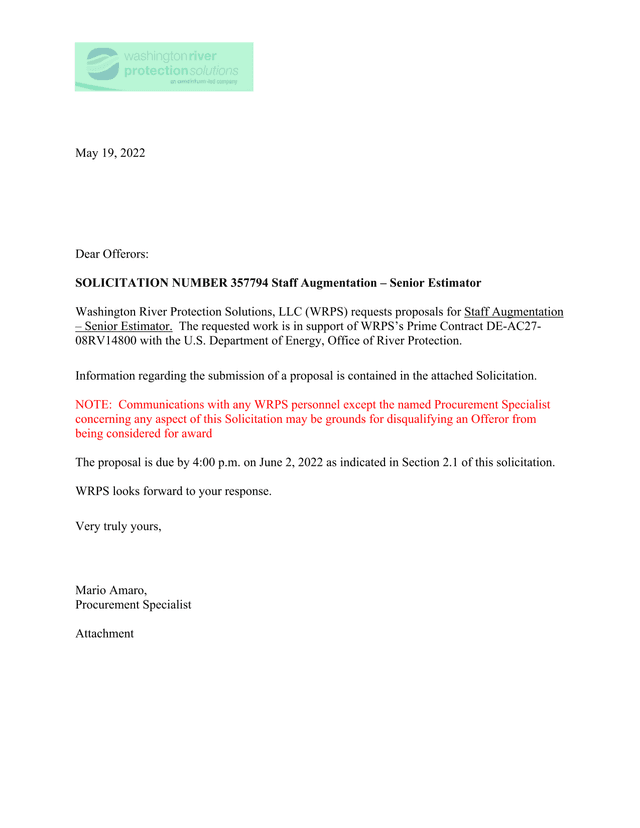 Solicitation 357794 Staff Augmentation  Senior Estimator screenshot