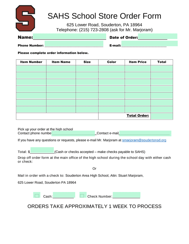 SAHS School Store Order Form screenshot