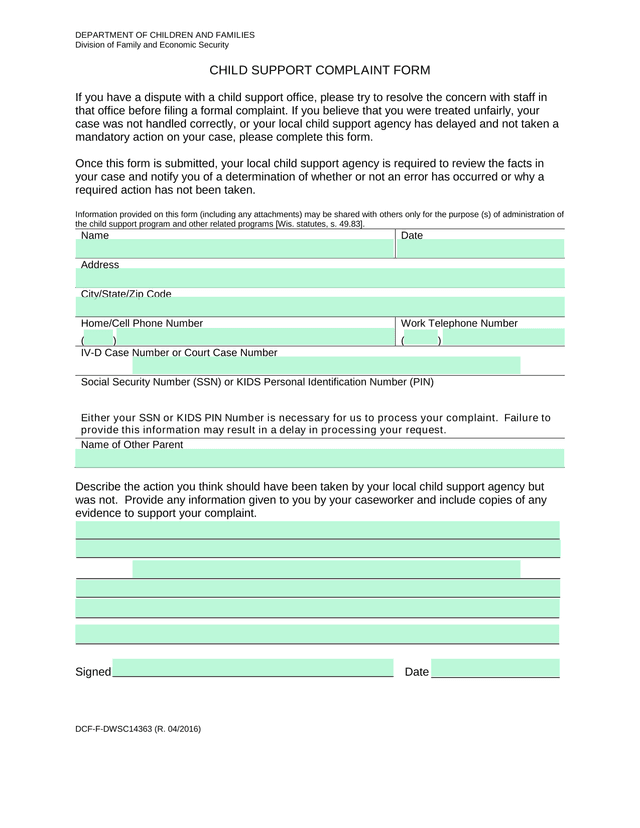 CHILD SUPPORT COMPLAINT FORM screenshot