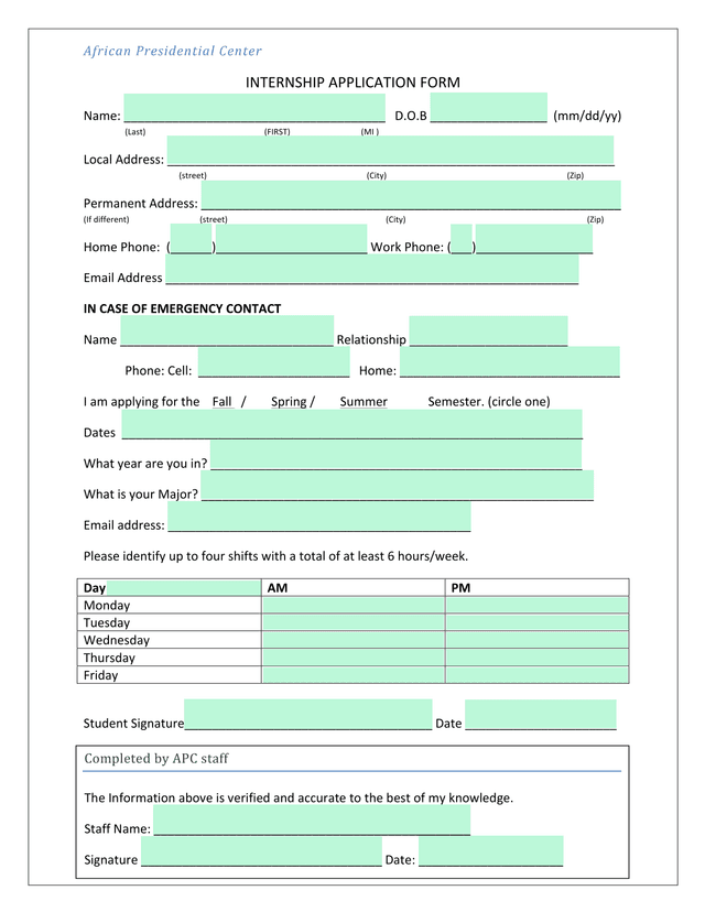 African Presidential Center Internship Application Form screenshot