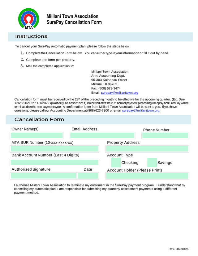 SurePay Cancellation Form screenshot