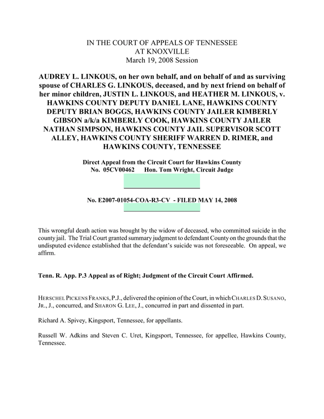 Linkous V. Hawkins County Legal Opinion screenshot