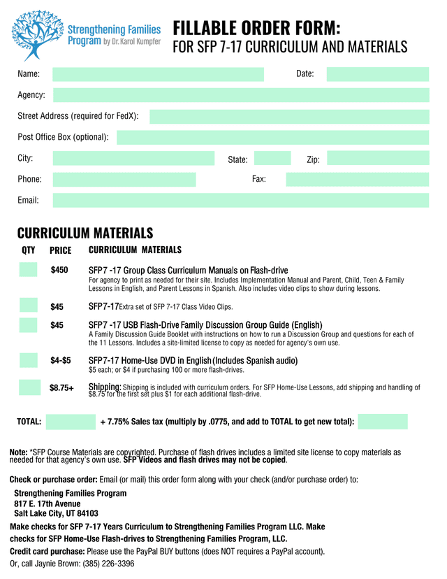 FILLABLE ORDER FORM FOR SFP 7 17 CURRICULUM AND MATERIALS screenshot