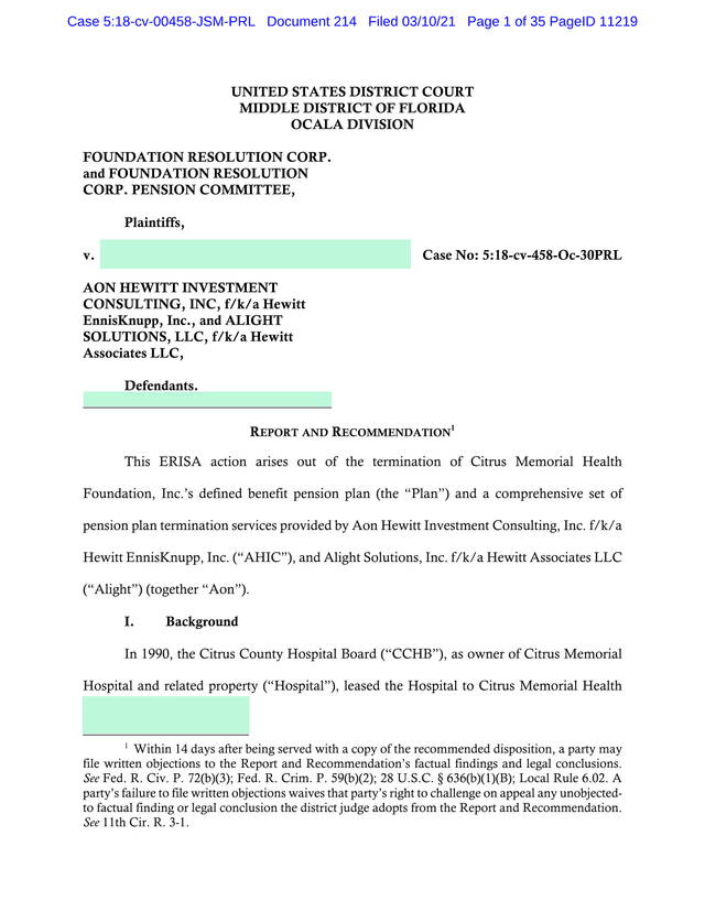 Report And Recommendation   Foundation Resolution Corp. V. Aon Hewitt Investment Consulting, Inc., E screenshot