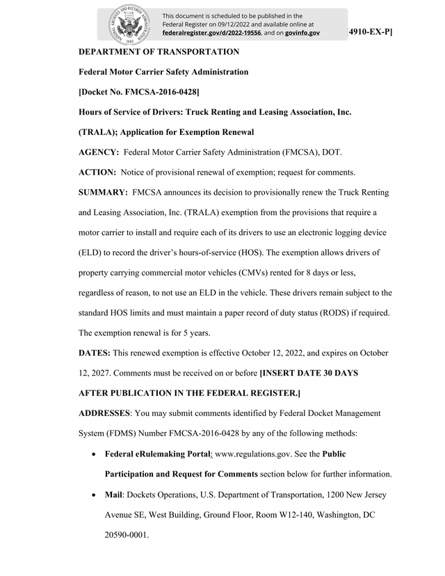 Hours Of Service Of Drivers Truck Renting And Leasing Association, Inc. (TRALA) Application For Exem screenshot