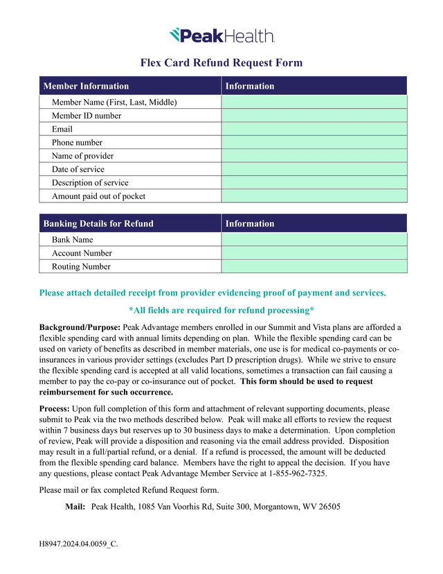 Flex Card Refund Request Form screenshot