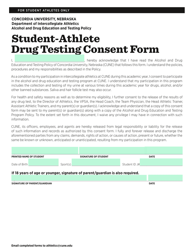 Student Athlete Drug Testing Consent Form screenshot