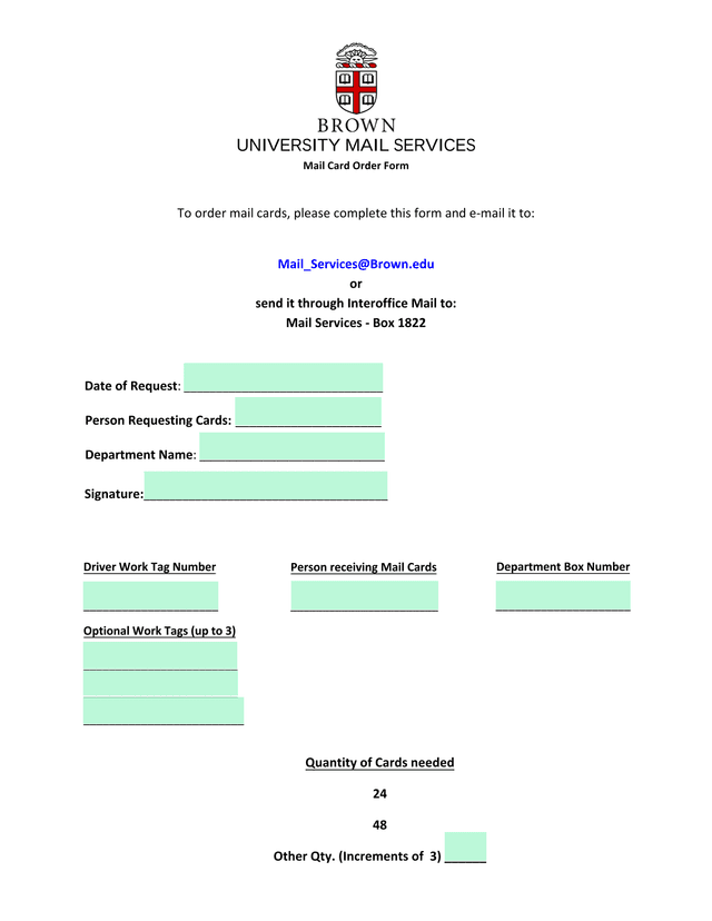 University Mail Services Mail Card Order Form screenshot