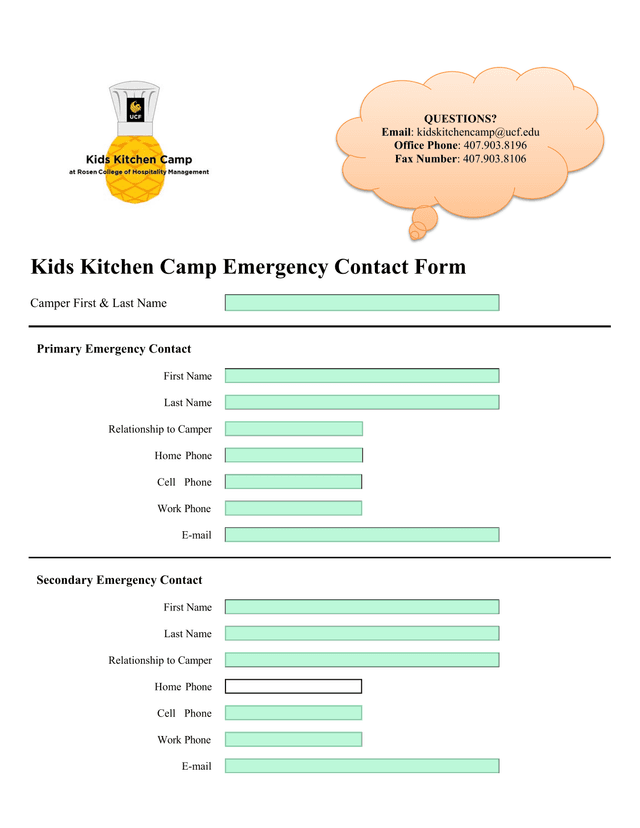 Kids Kitchen Camp Emergency Contact Form screenshot