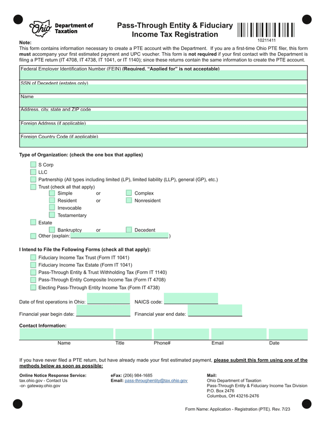 Pass Through Entity  Fiduciary Income Tax Registration screenshot