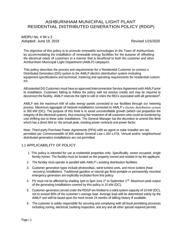 Residential Distributed Generation Policy (RDGP) screenshot