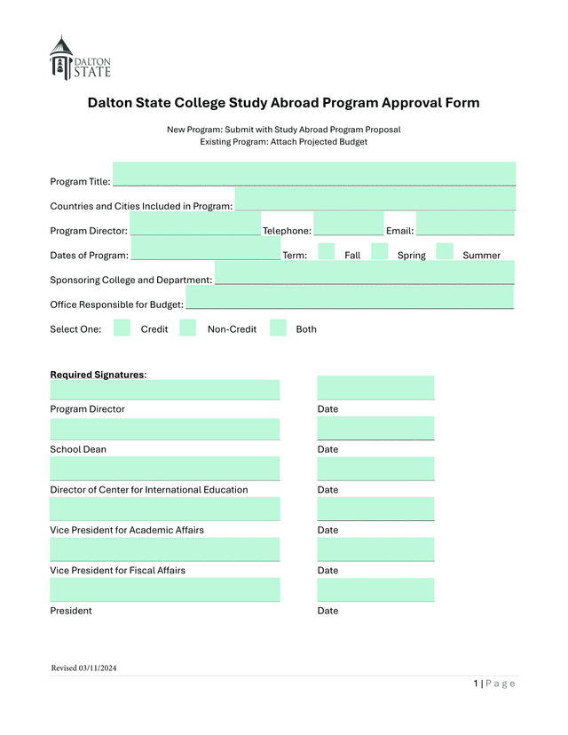 Dalton State College Study Abroad Program Approval Form screenshot