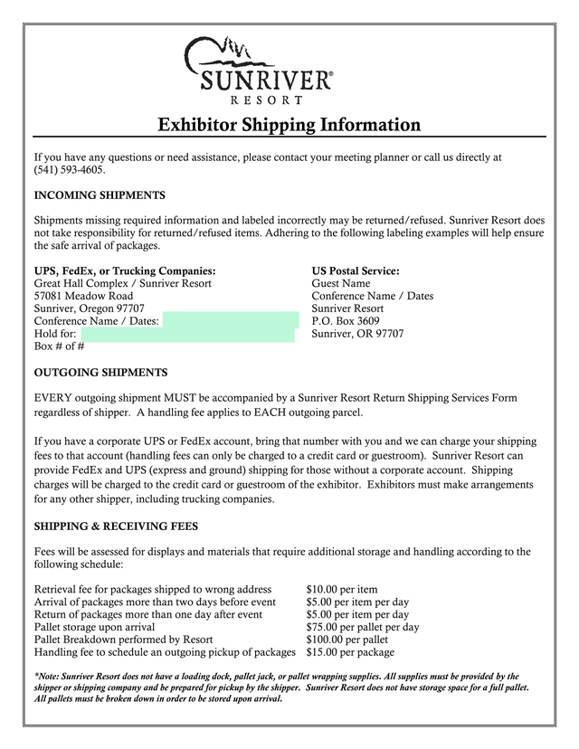 Exhibitor Shipping Information screenshot