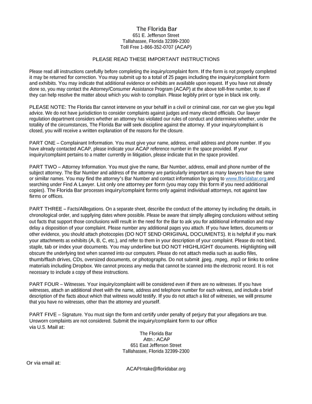 Florida Bar InquiryComplaint Form screenshot