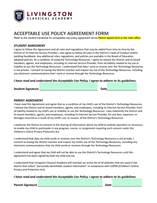 Acceptable Use Policy Agreement Form screenshot