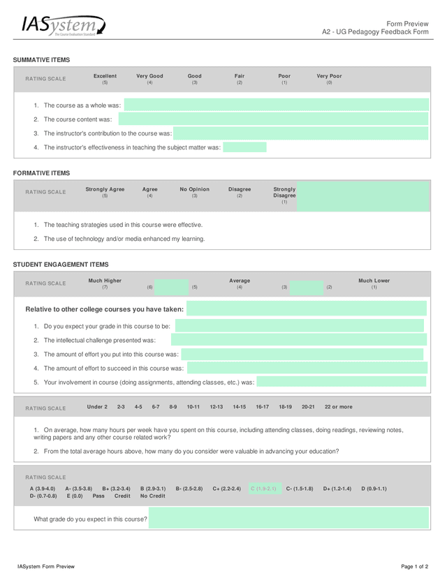 A2   UG Pedagogy Feedback Form screenshot